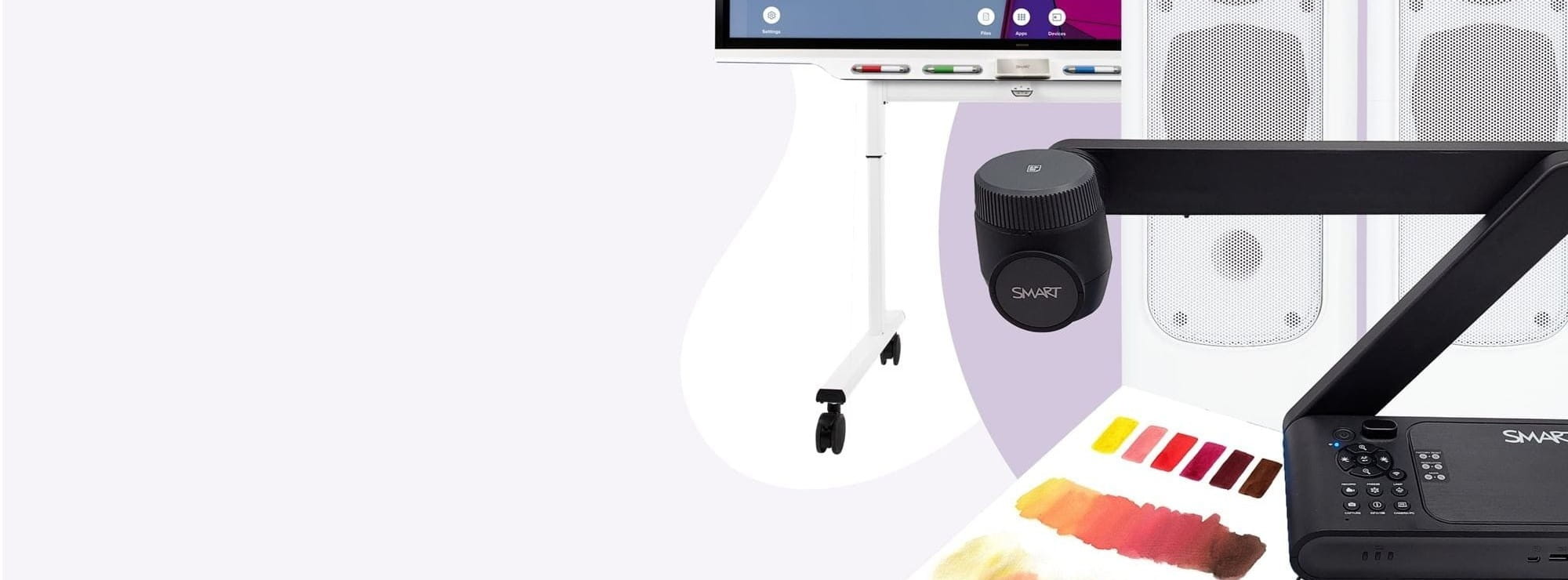 Collection of SMART Board accessories including a mobile stand, speaker system, and a document camera.