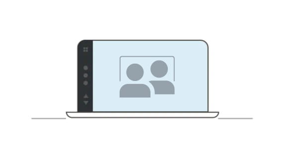 Laptop with an illustration of a virtual class session with two users on the screen.