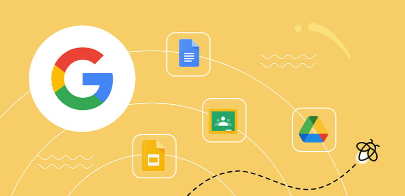 Illustration of Lumio's integration with Google services featuring icons for Google Drive, Docs, Slides, and Classroom on a yellow network background.