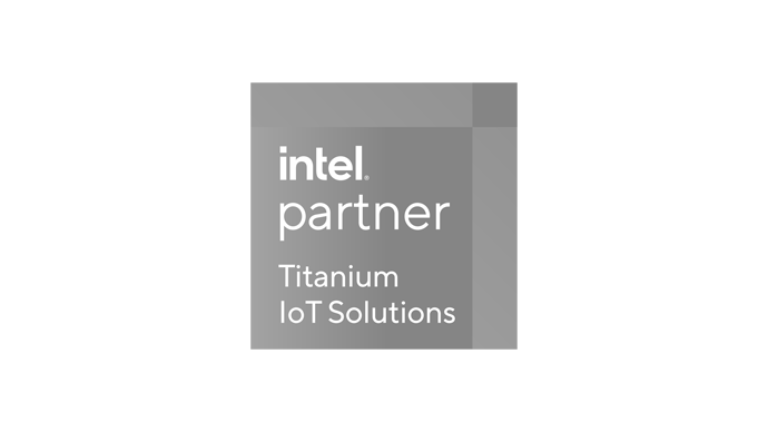 Intel Partner Titanium IoT Solutions badge, featuring Intel logo in gray on a darker gray background.