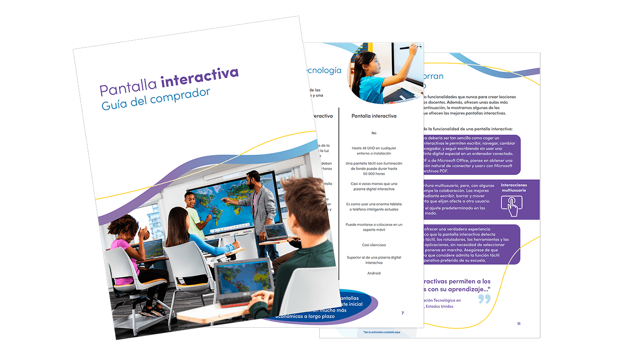 Cover and interior spread of the 'Interactive Display Buyer's Guide' featuring a classroom with a SMART Board and comparison details.