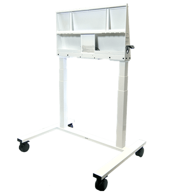 A white mobile stand on wheels designed for collaborative learning spaces.
