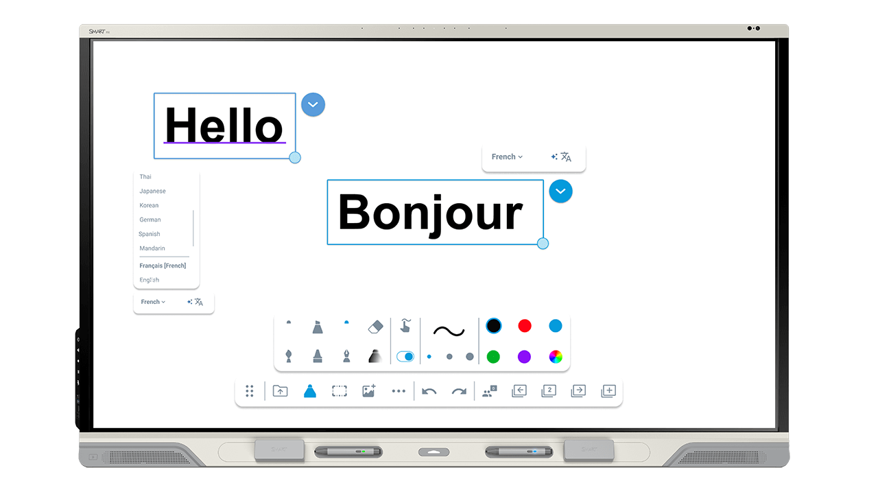 SMART Board RX series showing iQ translate capabilities.