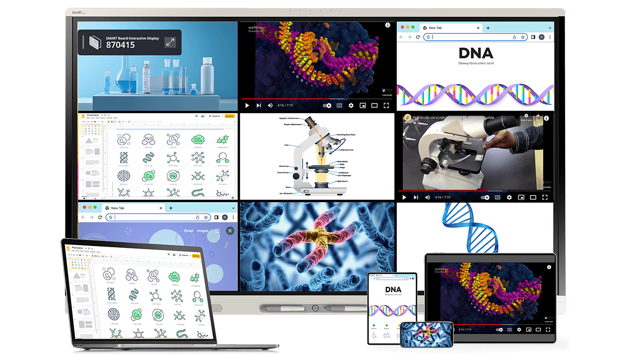 SMART Board MX V5 showing a multi-window science lesson on DNA and chemistry across devices.