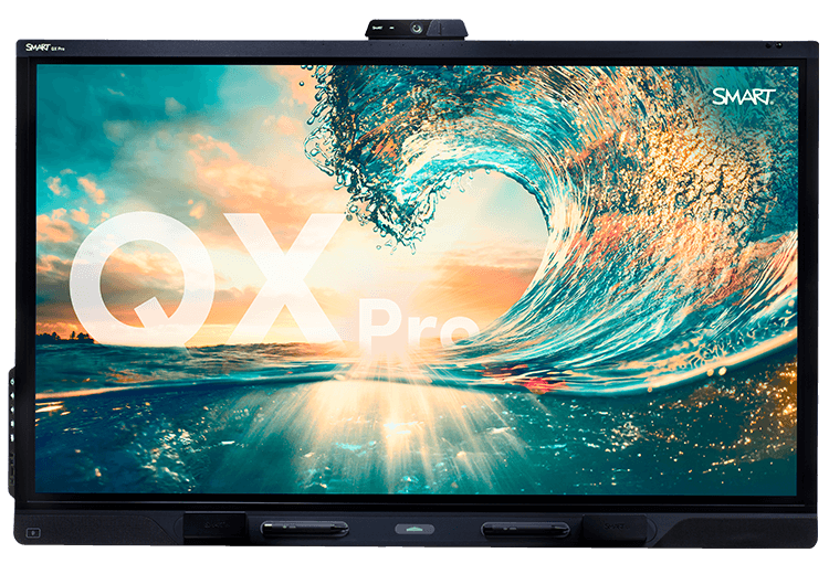 SMART Board QX Pro for business meetings, featuring a vibrant image of a cresting ocean wave under a sunset, symbolizing dynamic and powerful business solutions.