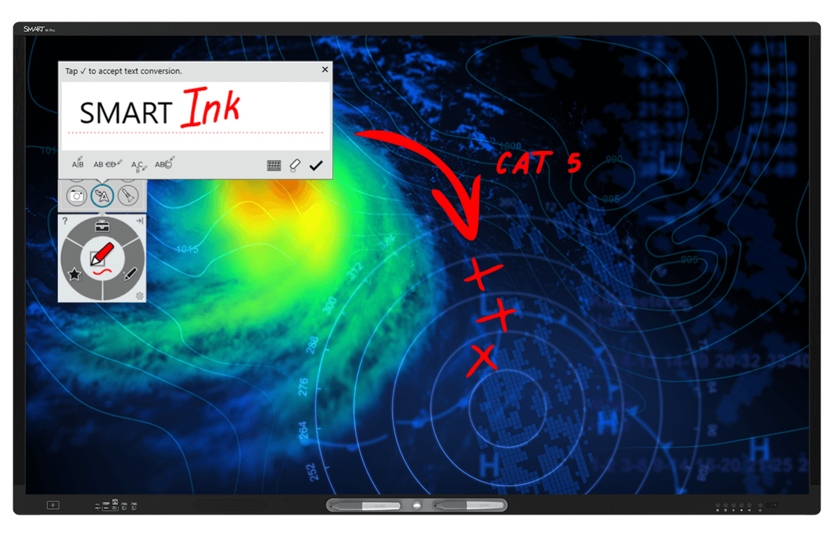 SMART Ink feature in action on a meteorological map displayed on a SMART Board.