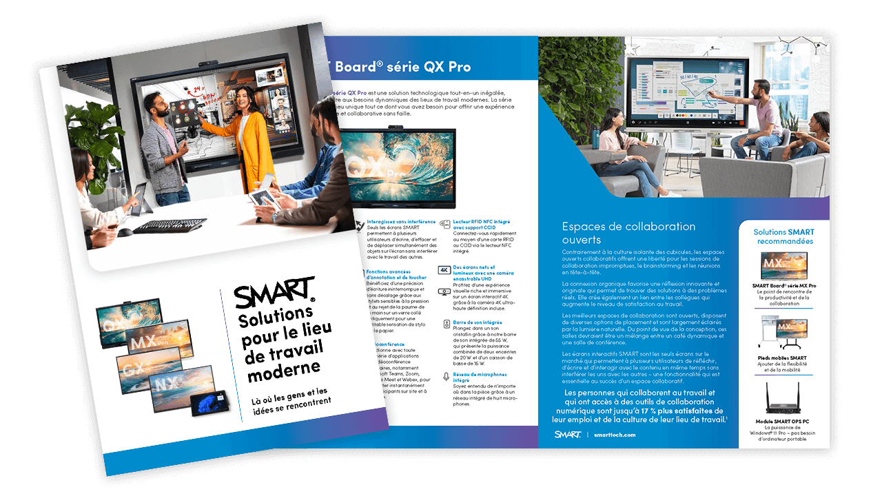 Cover and interior spread of SMART's 'Solutions for the Modern Workplace' brochure, highlighting collaboration tools.