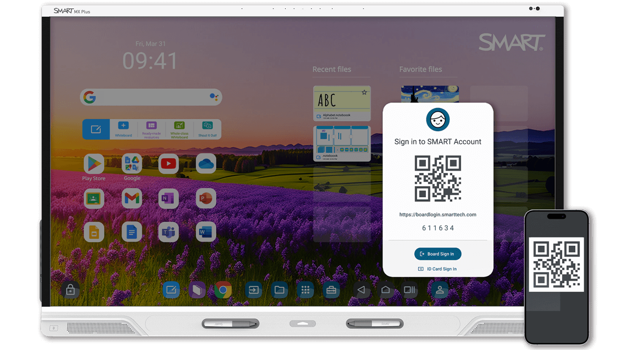 SMART MX Plus interactive display showing a QR code sign-in option with a mobile phone displaying the same QR code.