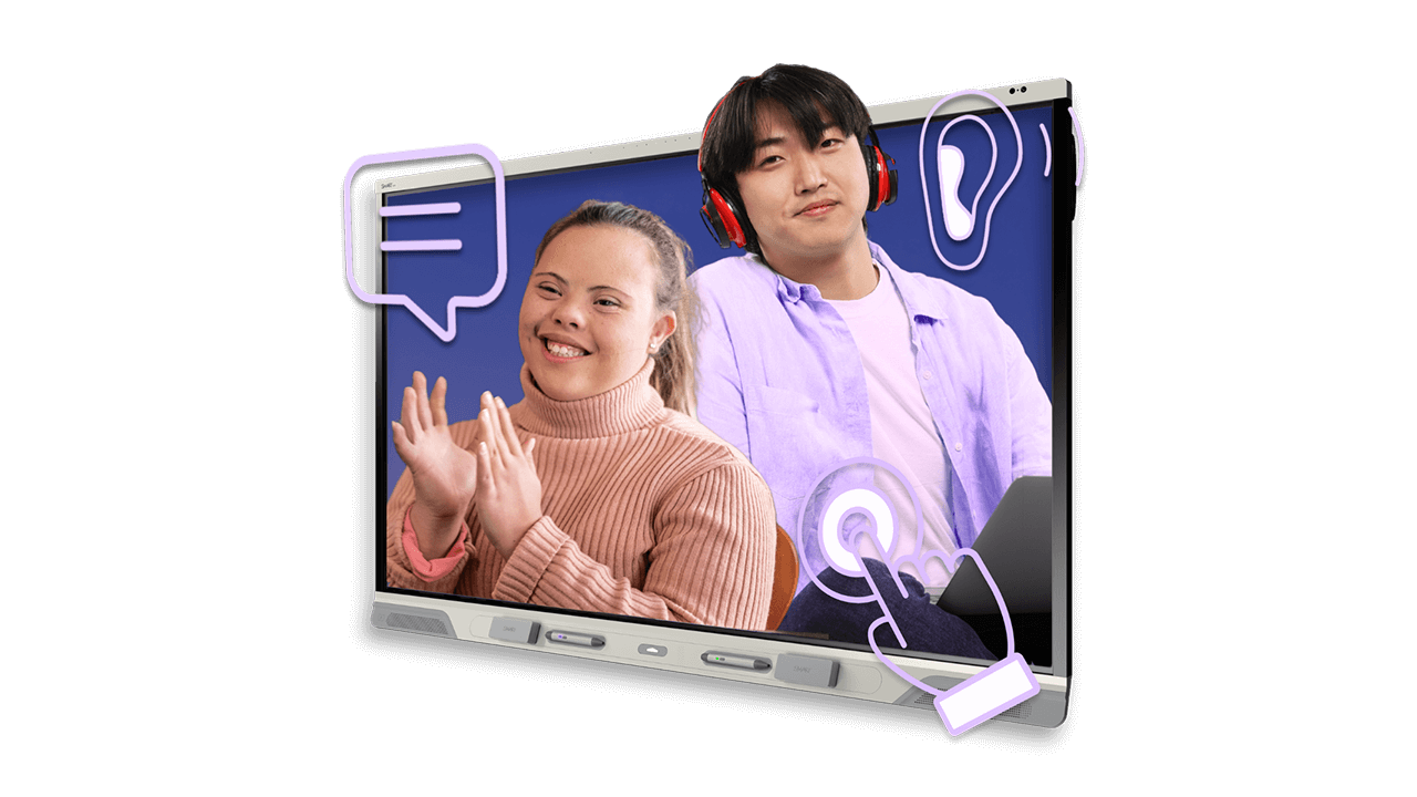 Students with special needs smiling while inset within a SMART Board