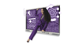Visual graphic of a woman in purple dress pants stepping out of a SMART Board
